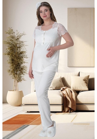 Mecit Pijama Mecit 6065 Kadın Hamile Lohusa Ekru Sabahlıklı Gecelik Pijama Set 001