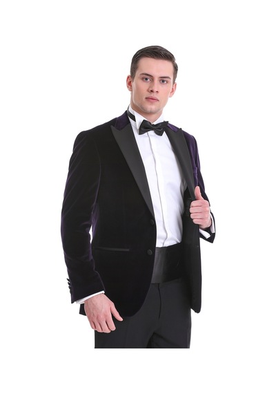 Hatemoğlu Mor Slim Fit Düz Sivri Yaka Kadife Klasik Smokin Damatlık 331221 Mor
