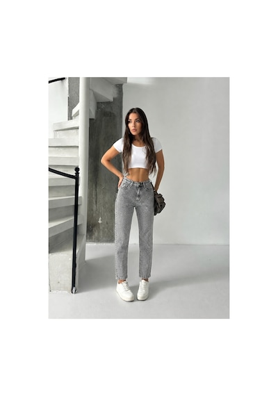 Bluemarlin Gri Kar Yüksek Bel Ön Bacak Taşlı Mom Jeans Kot Pantolon Gri Kar