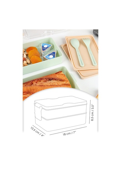 2 Katlı Kilitli Beslenme Kabı - Kendinden Çatal Kaşıklı Lunch Box Beslenme Kutusu Saklama Kabı Yeşil