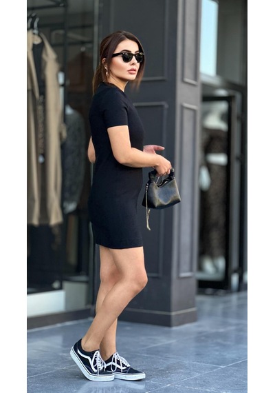 Siyah Tok Doku Kısa Kol Mini Elbise Siyah