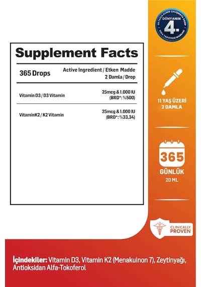 Kiperin D3K2 Vitamin D3 1000 25 Mcg Takviye Edici Gıda 20 ML