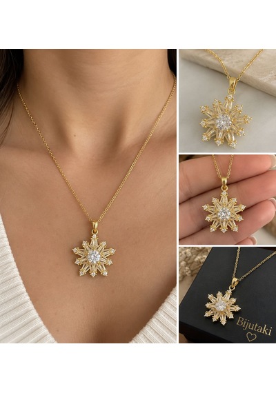 Işıltılı Kar Tanesi Yıldız Figürlü Taşlı Kolye Gold