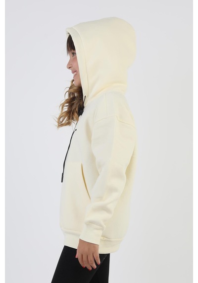 Kapşonlu Love Baskılı Kanguru Cepli Kız Çocuk Sweatshirt-90859 Krem