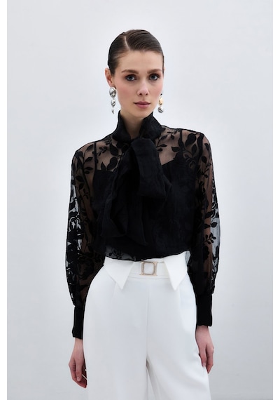 Sateen Fularlı Çiçek Desenli Gömlek - Siyah-136009 Siyah