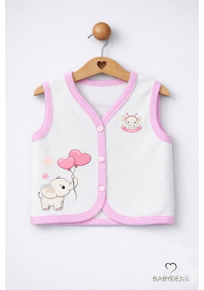 Babyden's Kız Bebek Yelek Jakarlı Kalp Desenli Pamuklu Çıtçıtlı Fil Baskılı Bebek Yeleği Mevsimlik,yumuşak Ekru - Pembe