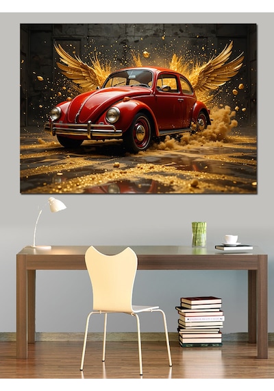 Altın Volkswagen Beetle Dekoratif Kanvas - Mdf Ahşap Tablo