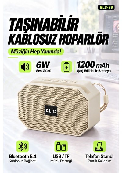 Blic Bls-89 Bluetooth 5.4 Taşınabilir Hoparlör Beyaz 6w Rms, Telefon Standlı, Usb Ve Tf Kart Destekl