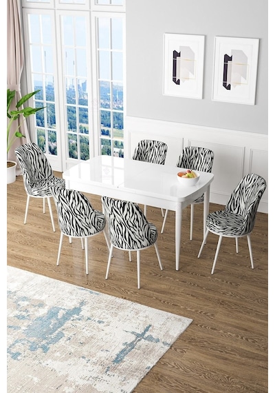 Canisa Kor Serisi, Beyaz Açılabilir 70x114 Yemek Masa Takımı 6 Zebra Desen Sandalye Masa Beyaz Sandalye Zebra Canisa Kor Serisi, Beyaz Açılabilir 70x114 Yemek Masa Takımı 6 Zebra Desen Sandalye Masa Beyaz Sandalye Zebra