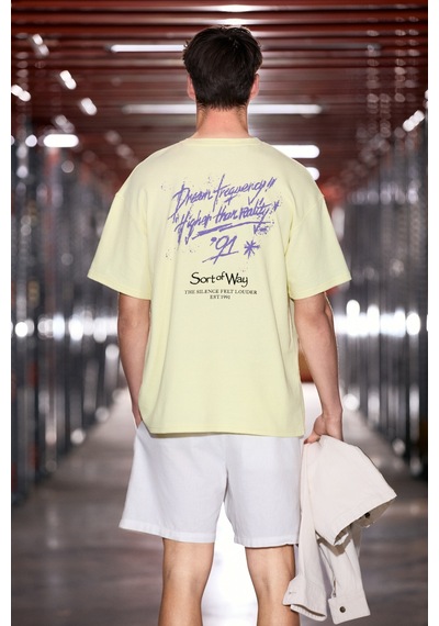 Grımelange Frıo Erkek Bisiklet Yaka Organik Pamuklu Baskı Ve Nakışlı Oversıze Sarı T-shirt