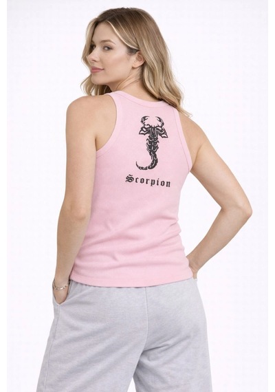 Novalisse Kadın Fitilli Atlet Sıfır Yaka Slim Fit Arka Baskılı Spor Atlet - Pembe Çoklu Renk