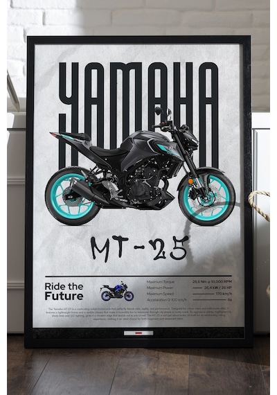 Mt-25 Siyah Ahşap Çerçeveli Poster, Dekoratif Motosiklet Duvar Tablosu