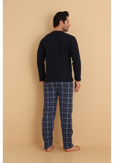 Wordex Flkn 7015 İnterlok Kışlık Ekose Pijamalı Erkek Pijama Takımı Lacivert