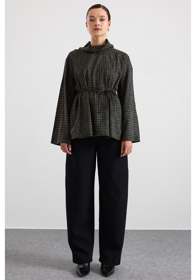 Olcay Degaje Yaka Oversize Kareli Bluz Haki 9839