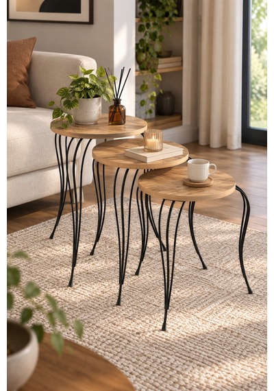 Sulorahome Lükens Metal Ayaklı Çam Desenli 3'lü Zigon Sehpa Takımı Atlantik Çam
