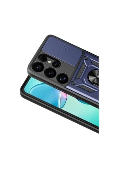 Samsung Galaxy S26 Ultra İle Uyumlu Kılıf Magnetik Standlı Kamera Korumalı Sürgülü Kapak Lacivert