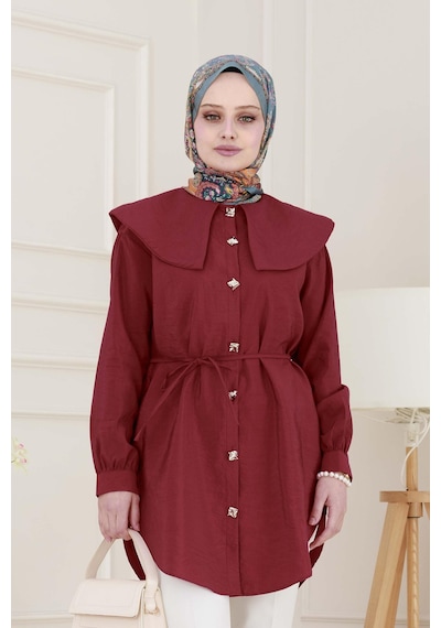 Sevitli Beli Bağcık Detaylı Geniş Yaka Tunik-bordo-4989 Bordo