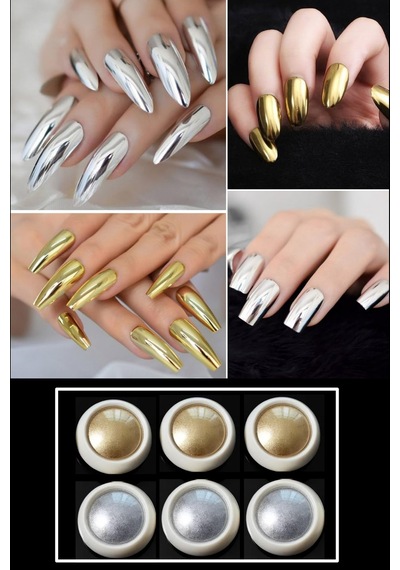 6 Adet Krom Tozu - Ayna Tozu - Gold Ve Silver - Altın Ve Gümüş Nail Art Tozu Altın Ve Gümüş