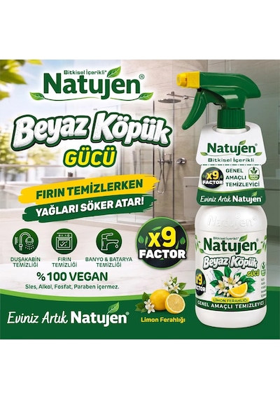 Natujen Genel Amaçlı Temizleyici Beyaz Köpük Gücü Limon Ferahlığı X9 Factor 2x1000 Ml. 2'li Set