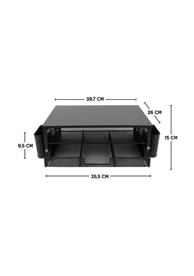 Temel Siyah Ahşap Üst Tablalı Metal Mesh Monitör Yükseltici Stand Çekmeceli Kalemlikli Masaüstü Organizer 9214