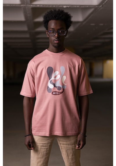 Bisiklet Yaka Lu Önü Baskılı Oversize Geniş Model T-Shirt Gülkurusu