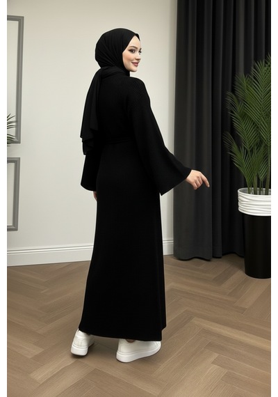 Defymoda Kadın Siyah Ribanalı / Fitilli Uzun Tesettürlü Kışlık Elbise - Çan Kol Detaylı Astarlı/örme Siyah