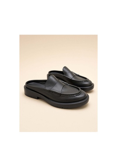 37brandshoes Siyah Deri Arkası Açık Loafer Terlikler Siyah Siyah