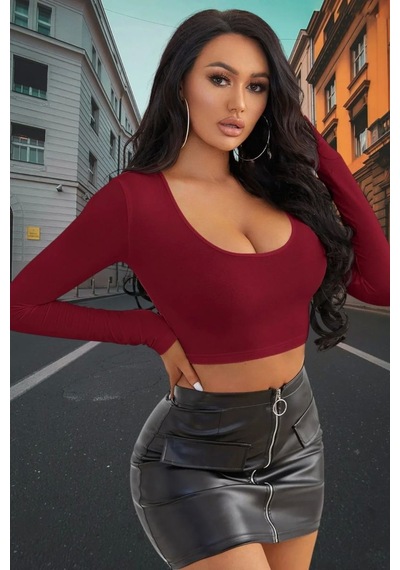 Beru Bordo Derin U Yaka Crop Top Uzun Kollu Dar Kesim Kadın Bluz L - XL
