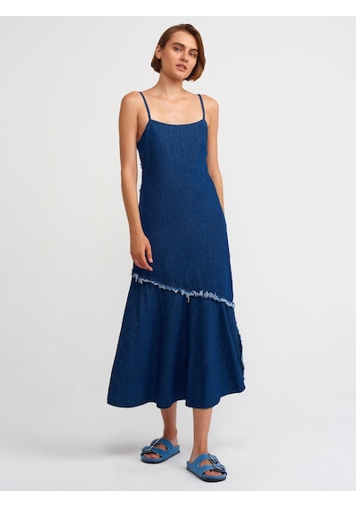 Dilvin 90526 Askılı Koyu Renk Denim Elbise-Lacivert