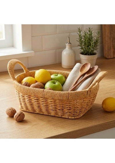 El Yapımı Doğal Hasır Sepet - Örgü Kulplu Oval Çok Amaçlı Düzenleyici Ve Sunumluk 26x20x9.50 Cm 000 Açık Krem