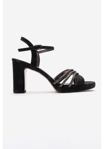 Luvishoes Jarena Siyah Simli Taşlı Kadın Kalın Topuklu Abiye Ayakkabı