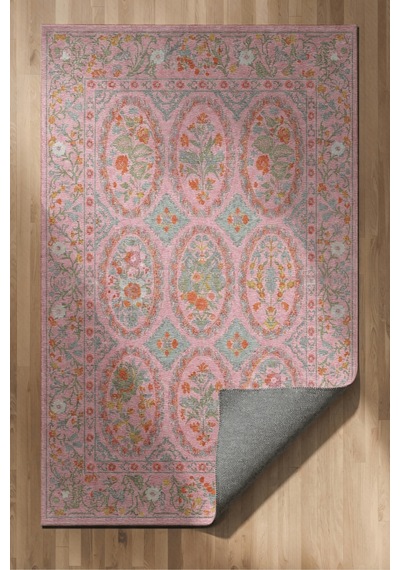 Floris 231 Pembe Yeşil Çiçekli Bordürlü Eskitme Desenli Dokuma Şönil Bohem Vintage Oda Halısı
