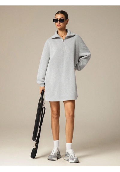 Afri 3 İplik Şardonlu Gri Oversize Fermuarlı Tunik Sweatshirt - Günlük Spor Elbise Gri