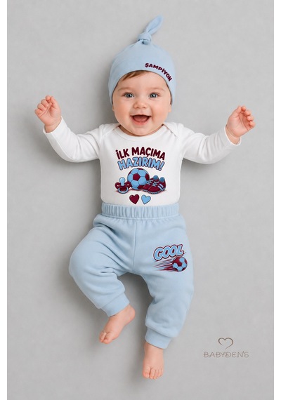 Babyden's Bebek 3'lü Takım Bordo Mavi Taraftar Temalı Kısa Kol %100 Pamuk Yenidoğan Body Pantolon Şapka Seti İlk Maçıma Hazırım 0-9 Ay