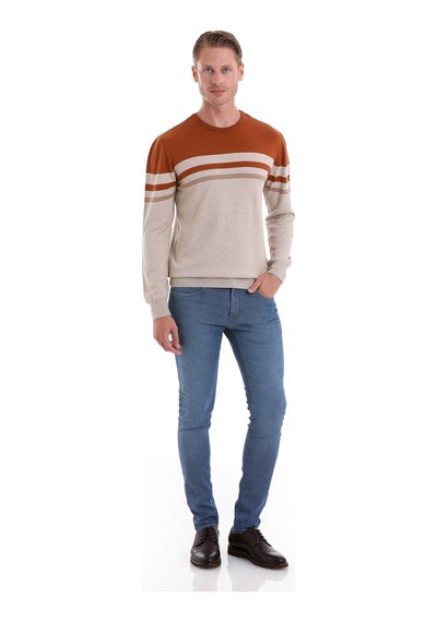 Hatemoğlu Bej Comfort Fit Desenli Pamuklu Bisiklet Yaka Casual Triko Kazak Bej