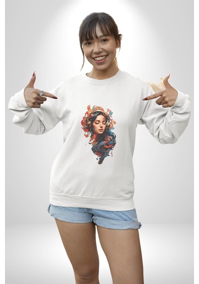 Müzik Dinleyen Kulaklık Yaprak Saçlı Renkli Unisex Beyaz Baskılı Sweatshirt Beyaz