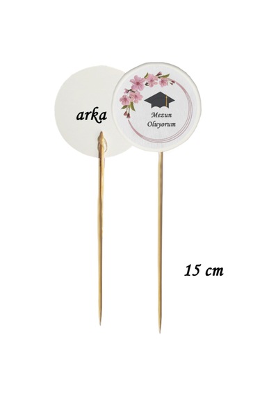 15 Cm Uzun Kürdan - 20 Adet Çiçekli Mezun Oldum Mezuniyet Baskılı Kürdan