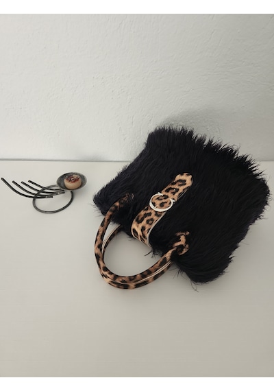 Fikriharika Design Gucci Model, Leopar Desenli, Siyah Tüylü, Kadın El Çantası Siyah