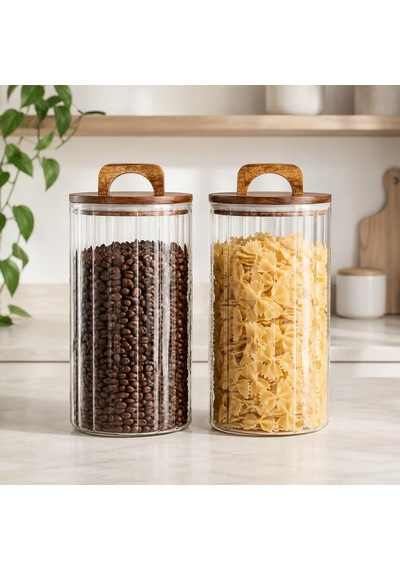 3200 Ml Zahire Kavanozu 2'li Set, Ahşap Kapaklı Kulplu Cam Erzak Saklama Kabı, Büyük Boy Bakliyat Makarna Kahve Kur Genel