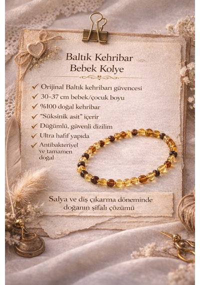 Baltık Kehribar Bebek Kolye & Bileklik Seti 37 Cm + 15 Cm Doğal Diş Çıkarma Desteği Diğer
