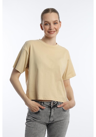 Kadin Oversize Fit Crop Tişört Bej