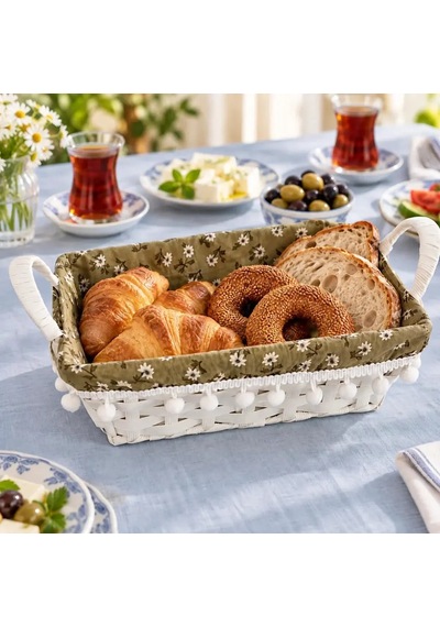Hasır Dikdörtgen Ponponlu Yeşil Astarlı Ekmek Sepeti