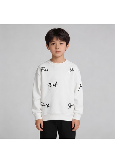King-Brich Bisiklet Yaka Nakışlı Oversize Kalıp Çocuk Sweatshirt Beyaz