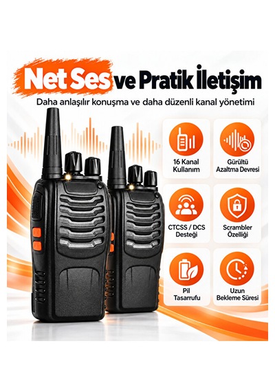 16 Kanallı El Telsizi 2 Li Set 1500 Mah Şarjlı Batarya Uhf 400 470 Mhz Led El Fenerli