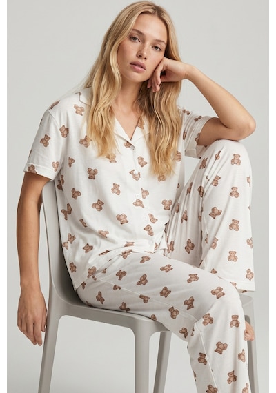 Siyah İnci İnce Soft Örme Mevsimlik Düğmeli Pijama Takımı 8002 Ekru Küçük Ayı