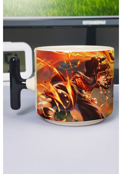 Gaming Genshin İmpact Baskılı Seramik Lüks Kupa 1 Adet T Şeklinde Özel Siyah Kulp Dalga Kulp V1t Çok Renkli