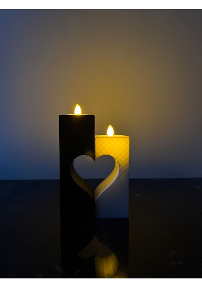 Kalp Detaylı İkili Led Tealight Mumluk Siyah Beyaz Romantik Dekoratif Set