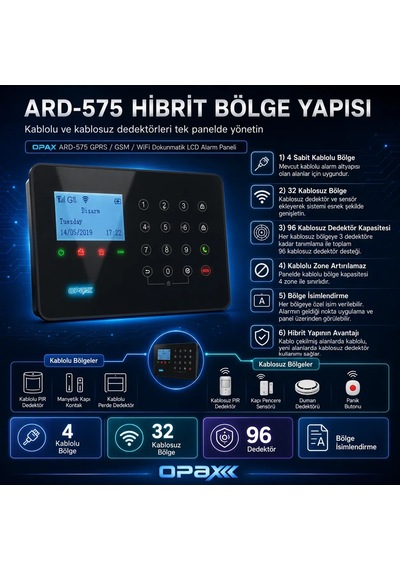 Ard-575 Siyah Gprs/gsm/wifi Dokunmatik Kablolu Kablosuz Ev Ve İşyeri Alarm Paneli