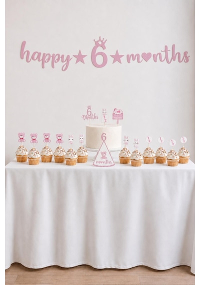 6 Ay Temalı Kız Bebek Parti Seti Happy 6 Months Banner, Pasta Süsü, Kürdan Süs Ve Parti Şapkası Seti Pembe