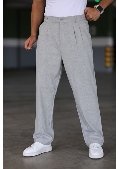 Bürke Baggy Çift Pileli Gri Renk Beli Lastikli Kaliteli Rahat Kesim Klasik Bol Paça Baggy Pantolon